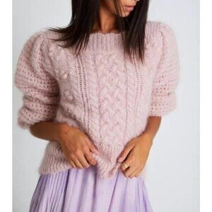 LoveShackFancy Blush Pink Cable Knit Mohair Crewneck Sweater